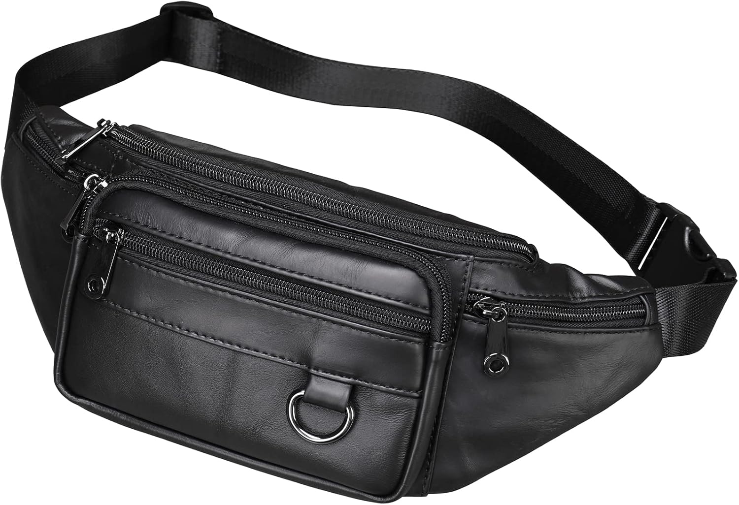 Genuine Leather Fanny Pack HandMade Durable cowhide Waist Bag Lots of Anti-theft zipper pocket Black