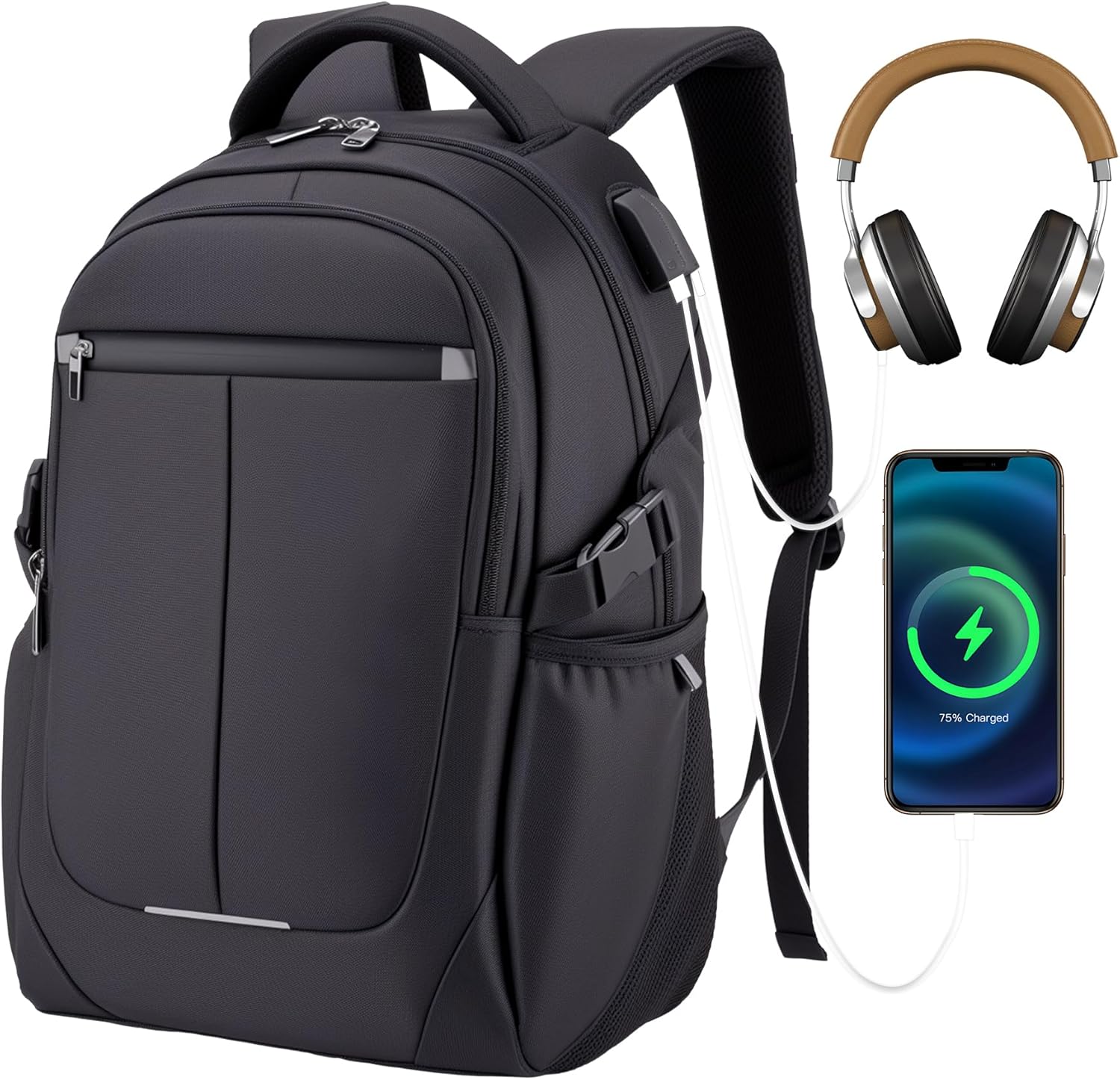 Travel Laptop Backpack for Men, Water Resistant Backpack Airline Approved Business Work Bag with USB Charging Port Fits 15.6 Inch Computer, Black