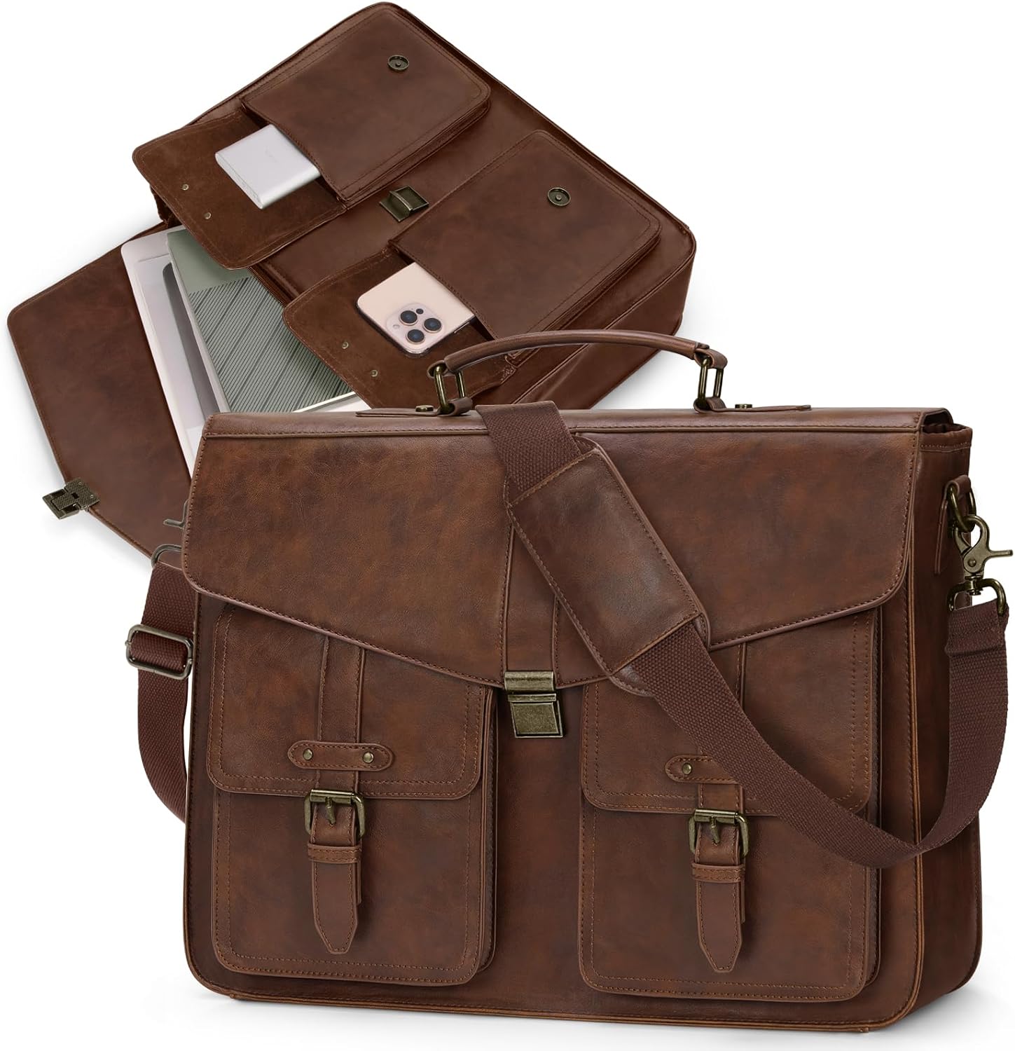 Mens Messenger Bag 17 Inch Laptop Briefcase Waterproof PU Leather Satchel Computer Bag for Work Office Business