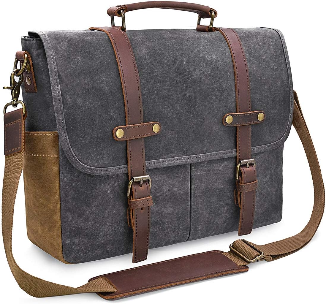 Mens Messenger Bag 15.6 Inch Waterproof Vintage Genuine Leather Waxed Canvas Briefcase Large Satchel Shoulder Bag Rugged Leather Computer Laptop Bag, Grey