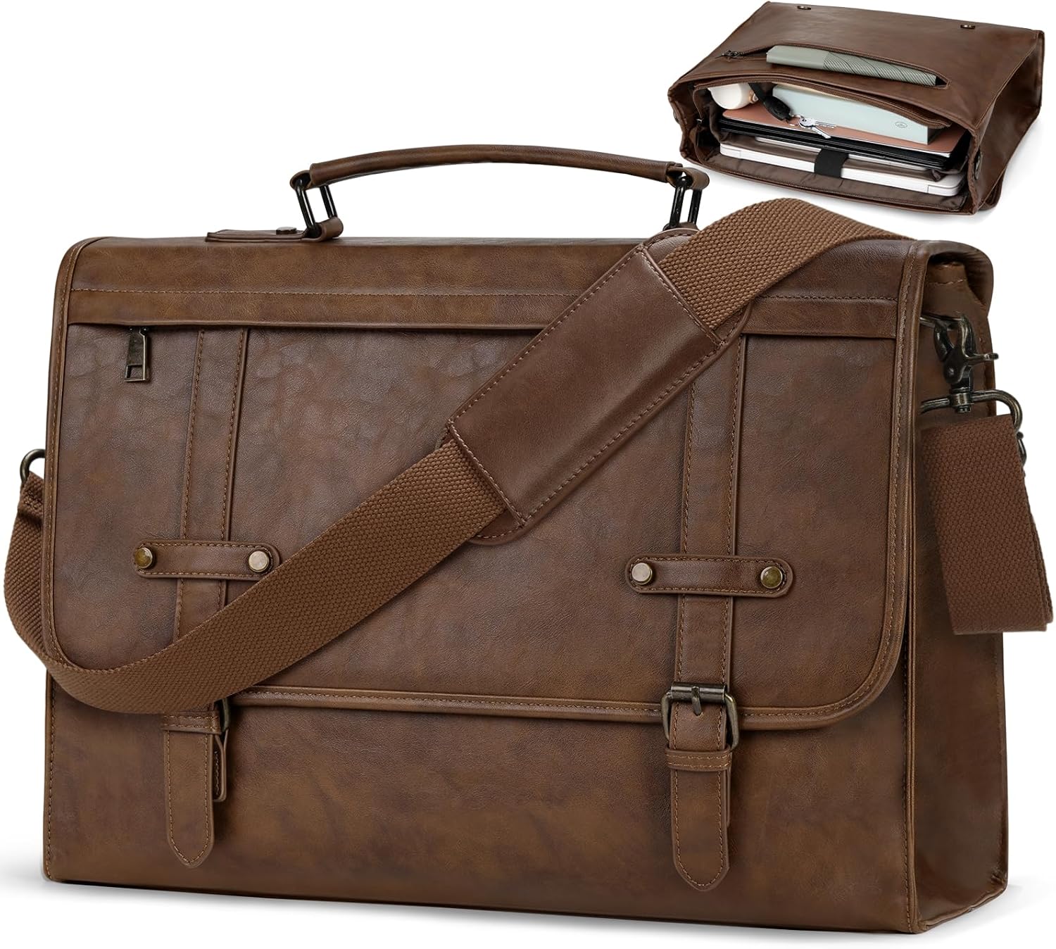Mens Messenger Bag 17 Inch Waterproof Vintage Leather Laptop Briefcase Large Computer Laptop Bag Satchel Bag Retro Shoulder Bag,Brown